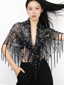 1pc Women's Sequin Fringe Mesh Shawl Casual Cover Up Versatile Shrug, Suitable For Daily Wear - Multicolor - View 2