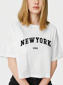 Women's New York And United States Letter Print T-Shirts, Casual Loose Short Sleeve Round Neck T-Shirts, Fashion Clothing For Women - White - View 1