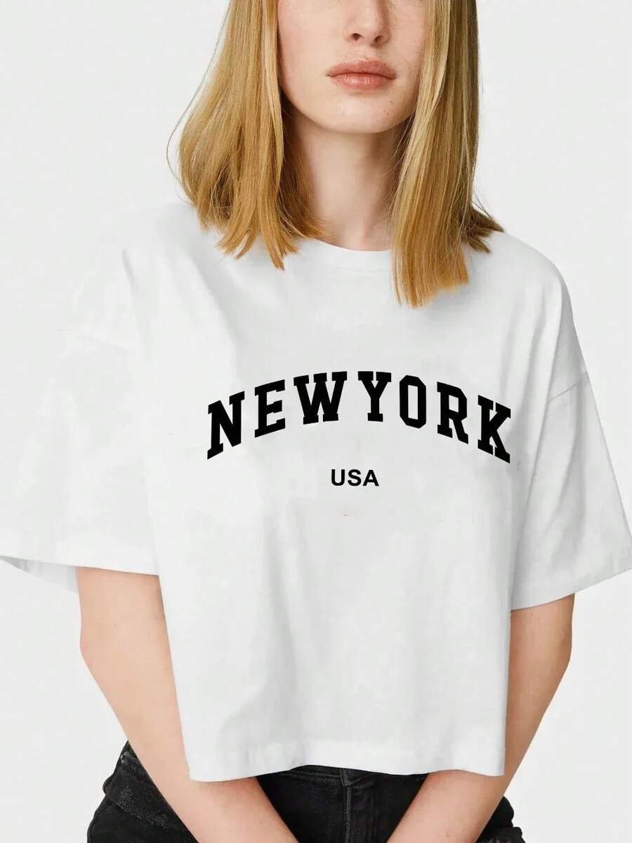 Women's New York And United States Letter Print T-Shirts, Casual Loose Short Sleeve Round Neck T-Shirts, Fashion Clothing For Women - White - View 1