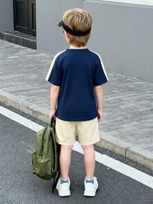 2pcs/Set Toddler Boys' Summer Short Sleeve T-Shirt And Shorts, Navy Blue And Beige Contrast NY Letter Print, Casual Sports Outfit - Navy Blue - View 3
