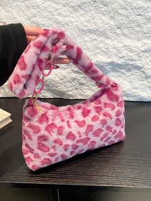Leopard Print Fuzzy Shoulder Bag (Print Placement Random) - Pink - View 1