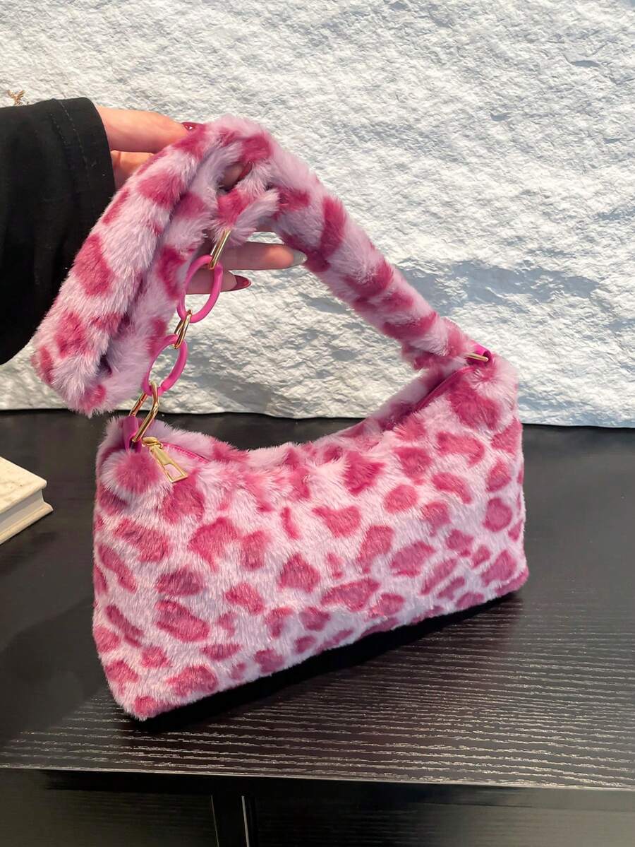 Leopard Print Fuzzy Shoulder Bag (Print Placement Random) - Pink - View 1