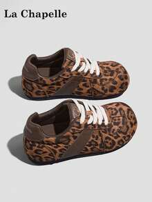 1双 La Chapelle 女士厚底系带软底休闲鞋，低帮户外平底鞋，圆头低跟纯色优雅软底徒步鞋，适合学生毕业照，女士低帮皮质运动鞋 - 豹紋 - 查看 4