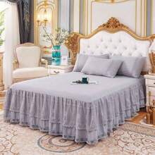 Double Lace Bed Skirt For FQueen Bed - 17in. Drop, Easy Fit Ruffle Bedskirt Wrap Around Bed Skirt, Anti Wrinkle & Fade Resistant,FQueen(60inchX80inch),Gray - 灰色的 - 查看 1