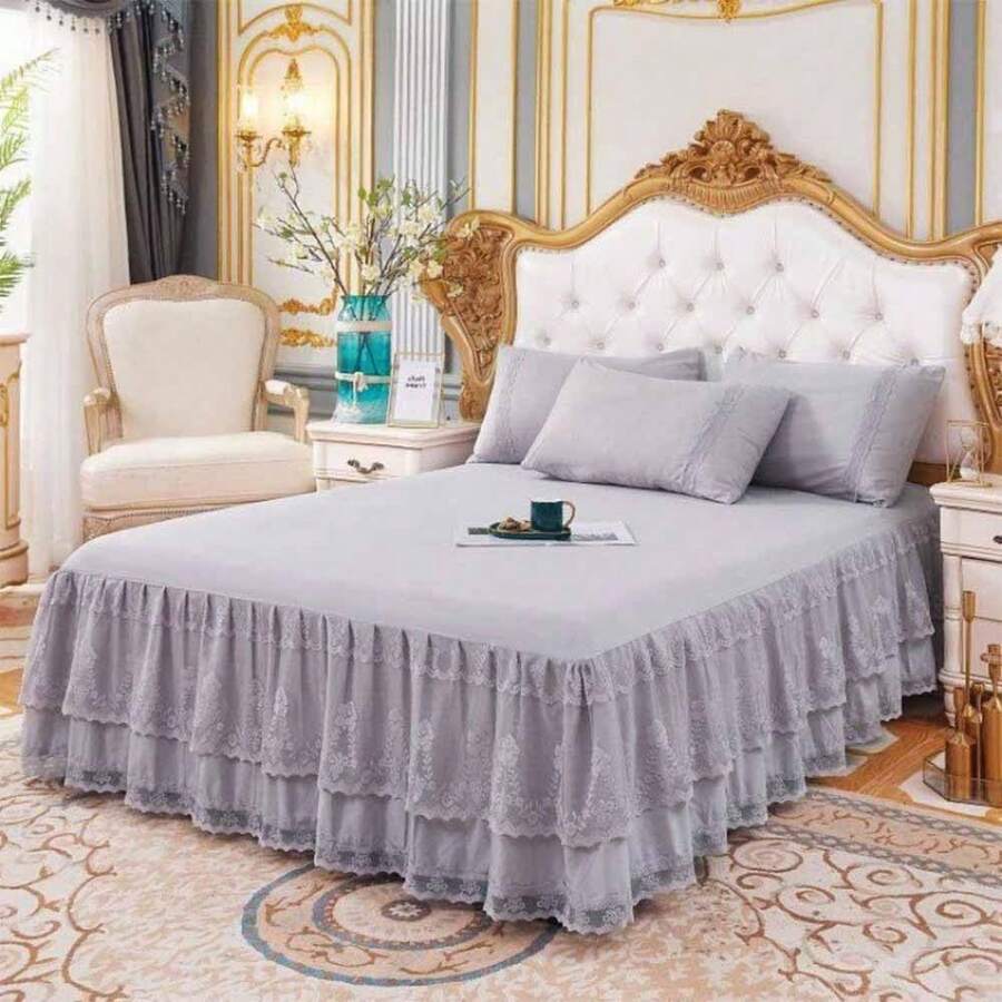 Double Lace Bed Skirt For FQueen Bed - 17in. Drop, Easy Fit Ruffle Bedskirt Wrap Around Bed Skirt, Anti Wrinkle & Fade Resistant,FQueen(60inchX80inch),Gray - 灰色的 - 查看 1
