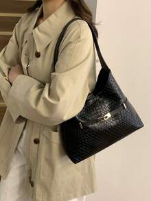 Women's Black Woven Texture Hobo Bag - Stylish Gold-Tone Buckle Detail, Single Shoulder Strap, Spacious Capacity, Elegant Minimalist Design For Daily & Office Use.