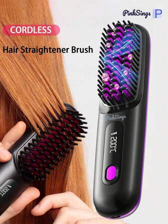 PinkSings Cordless Hair Straightener Brush With LCD Display Temperature Adjustable, Portable Mini Straightening Brush For Travel, Negative Ion Hot Comb For Women Styling Hair Styler, Anti-Scald, Ceramic Coating