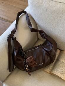1 szt. Torebka typu crossbody w stylu retro, z ekoskóry, w kratę, zdobiona koralikami, zapinana na zamek błyskawiczny, odpowiednia do noszenia na co dzień, na uczelnię i na krótkie wycieczki - Kawa - Zobacz 6