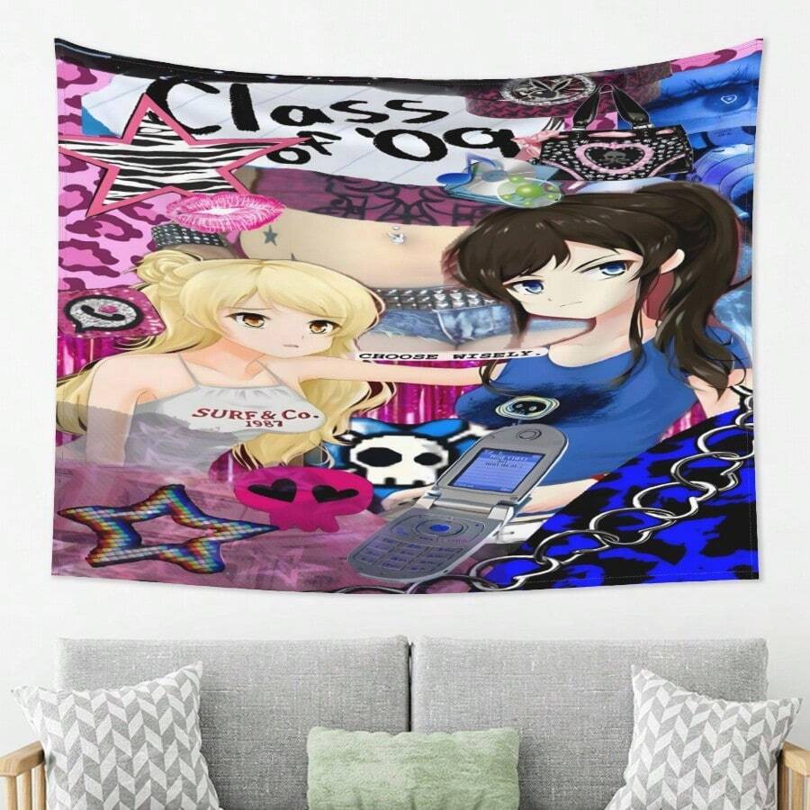 Class Of 09 Tapestry - Retro 2009 Nostalgic Wall Hanging Decor With Anime Characters, Gaming & Pop Culture Icons - Soft Peach Beige Fabric Poster For Bedroom, Living Room, Birthday Party Decoration - Perfect Graduation Gift For 2009 Graduates - Vibrant Pink & Black Design With School-Themed Graphics, Horizontal Hanging For Stylish Home Decor - 彩色 - 查看 1
