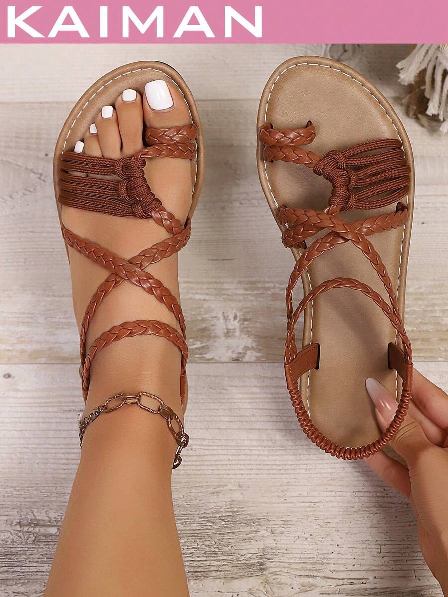 1 Pair Women's New Fashion Flat Sandals, Basic PU Leather Woven Beach Sandals, Spring/Summer,Flip Flops - Brown - View 1