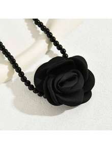 1pc Women's Elegant Faux Pearl Fabric Flower Beaded Necklace, Suitable For Party Wear - Black - View 4