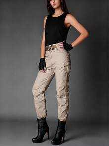 Streetwear Casual Commute Pocket Work Pants Lightweight Wide Leg Waist Cinched Travel Pants, Black Work Pants, Multifunctional Pockets, Outdoor Casual Loose Fit, Breathable Material, Suitable For Outdoor Enthusiasts - Champagne - View 1