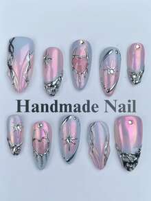 Bộ 10 móng tay giả hình hạnh nhân Y2K bóng mượt, làm thủ công, trang trí nơ, kẹp kim loại và đá đính - họa tiết trái tim và hành tinh 3D, màu đen và hồng, độ dài vừa phải, bộ móng giả acrylic Z-Gen Nhật Bản dễ thương, phù hợp cho phụ nữ và bé gái. - Hồng - Xem 4