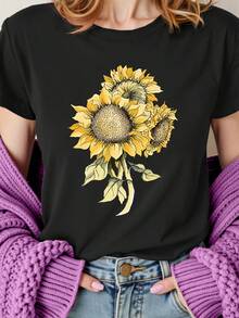 Women's Floral Print T-Shirt - White With Yellow Sunflowers - Soft Everyday Casual Top - Sizes  - Machine Washable Everyday & Special Occasion Blouse, Ladies T Shirts, Versatile Fashion, Nontransparent Material - Black - View 6