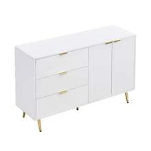 Sideboard, Living Room Cabinet With Doors And Drawers, Interior Shelves, Chest Of Drawers With Gold Handles And Legs - White - View 9