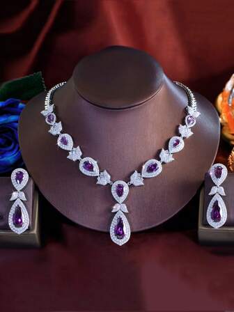 1 Set Stunning Purple Teardrop Cubic Zirconia Long Leaf Drop Dangle Earrings And Necklace Silver Plated Wedding Jewelry Set For Bridal Engagement Banquet Pageant Party Prom To Women Brides Girlfriends Wife Mother Gift