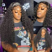 PQL 前额编织假发，34英寸长，深卷曲，巴西人发，无胶真人发假发，13x4高清蕾丝前额假发，湿润波浪蕾丝前额假发，预先拔毛真人蕾丝前额假发，女士款，200%浓密密度真人发 - 自然色&黑色系 - 查看 4