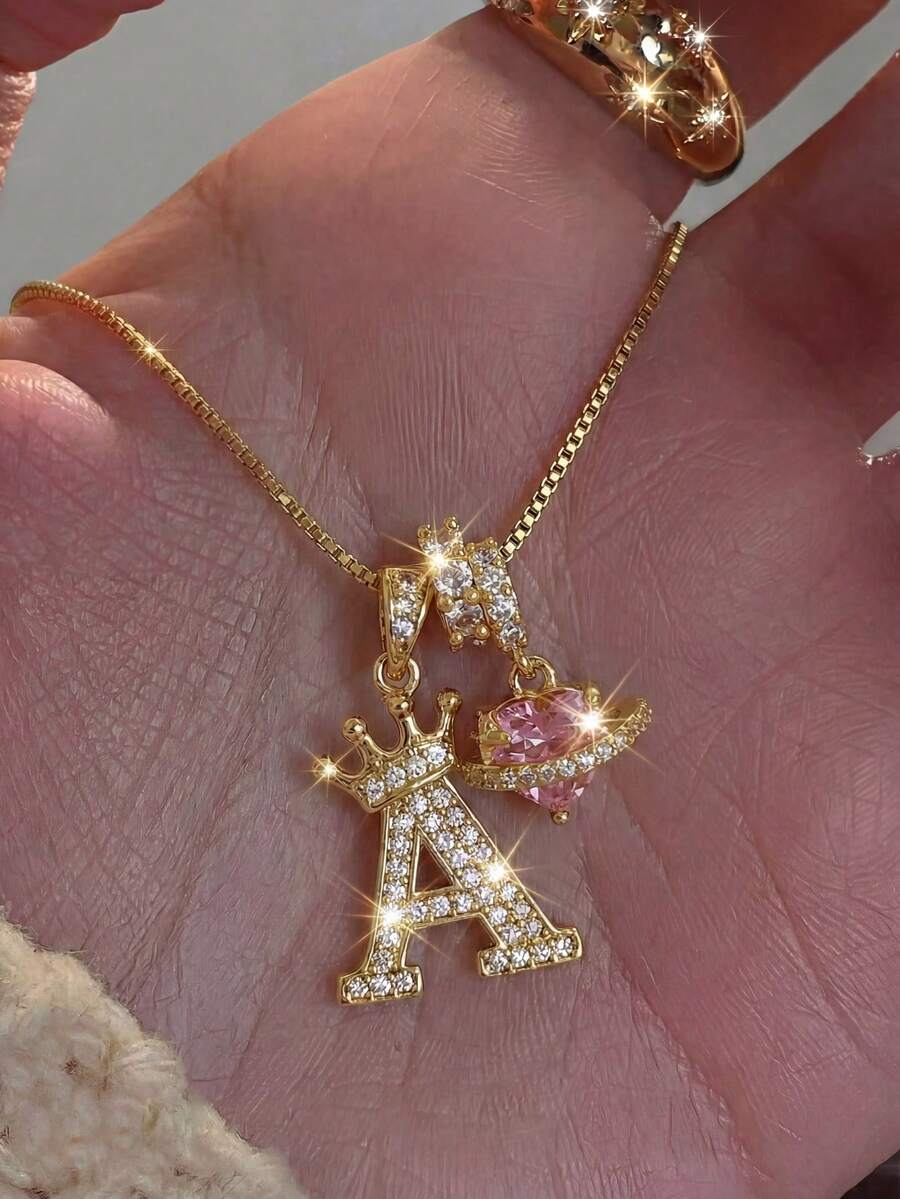 1pc Minimalist Luxury Cubic Zirconia Pink Heart Gemstone Personalized Crown Letter Pendant Necklace, Stainless Steel Material, Suitable For Women's Daily Wear, Valentine's Day/Birthday Gift - Gold - View 1