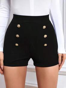 Shorts de talle alto con diseño de botón - Negro - Ver 5