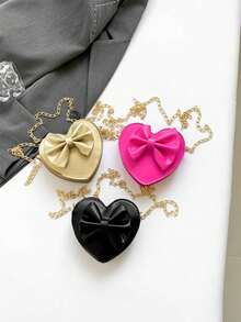 1个PU拉链封口斜挎包，时尚迷你心形链条单肩斜挎包，ins韩版小众设计，简约精致的口红耳机包，舒适肩带，光滑百搭，适合日常出行和休闲娱乐，可作为礼物赠送。 - 蝴蝶結愛心斜背包 - 查看 4