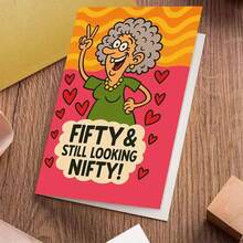 温馨的50岁生日贺卡（含信封）——“五十岁依然风韵犹存”设计，柔和而充满活力的老妇人形象，完美表达温暖祝福，是馈赠佳品。贺卡|柔美动人的50岁生日贺卡|纸质贺卡，爱心饰品