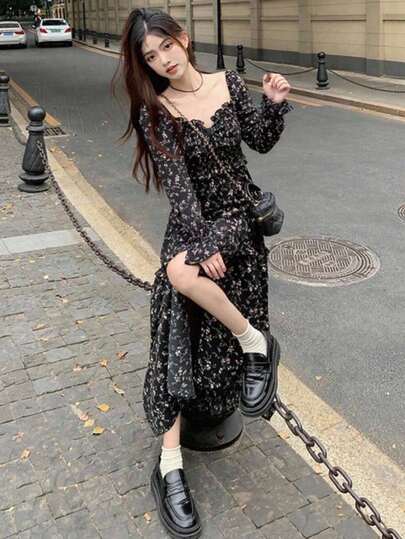 女士甜心领长袖碎花连衣裙，初秋新款