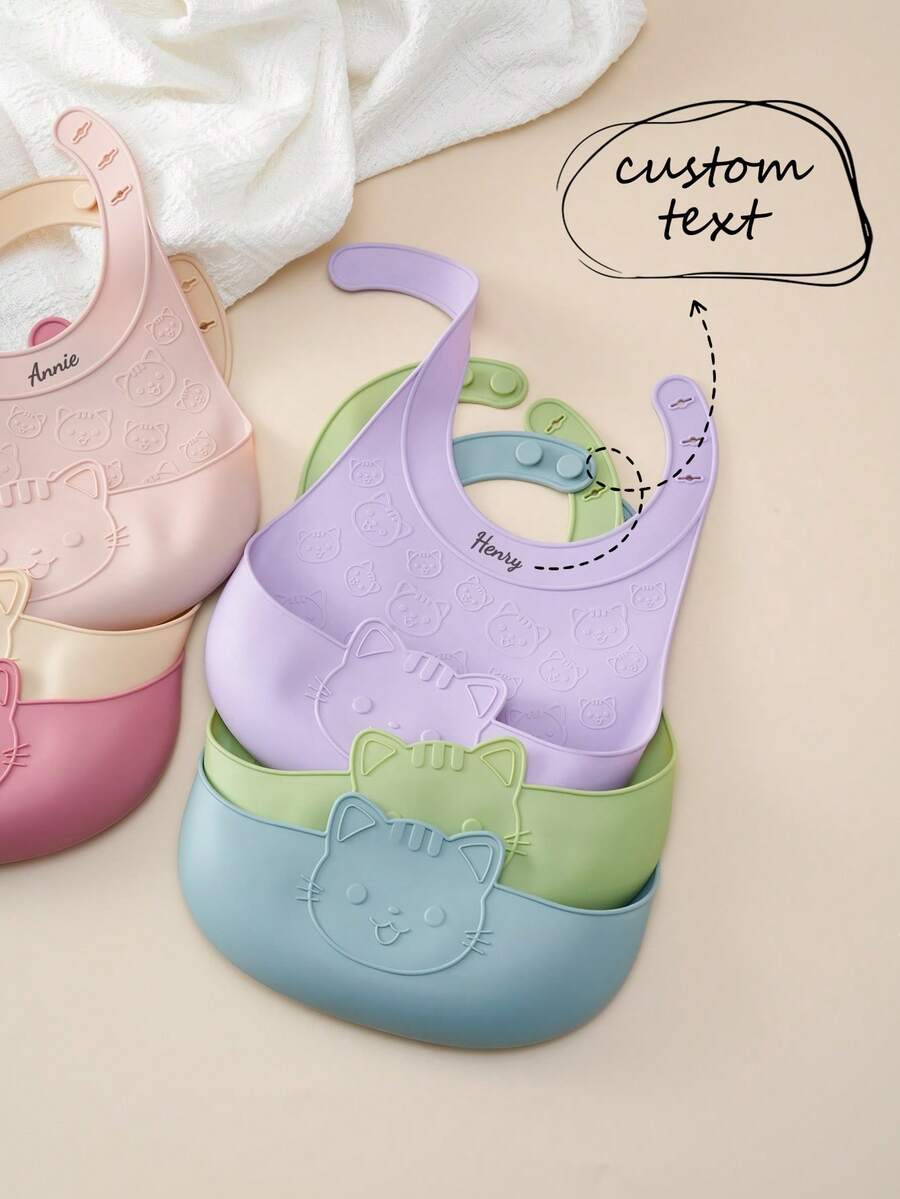 1pc Personalized Customization Name Baby Silicone Bib Cute Cat Design Adjustable Waterproof Feeding Bib Custom Baby Tableware Easy Clean Kids Gift - Multicolor - View 1
