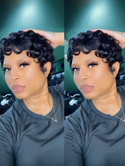 女士精灵短假发，真人发卷发假发，1B黑色，99J，4号棕色短假发，真人发层次假发，无胶假发，无蕾丝前额，全机织层次假发，带刘海精灵短假发，易于佩戴，是送给爱人的理想礼物，适合情人节或日常使用。