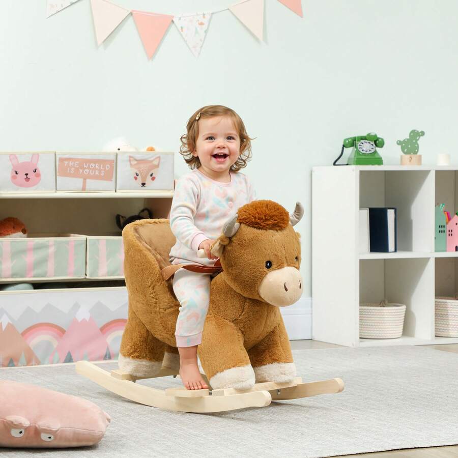 AIYAPLAY Baby Rocking Horse, Plush Ride On Cow Seat For Toddlers 1-3 Years With Song, Belt, Wood Base, Animal Rocker For Children, Brown - Brown - View 1