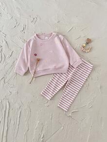 2件組女嬰服裝 粉色花卉刺繡肩扣衛衣與長褲 春秋款 - 粉色 - 查看 8