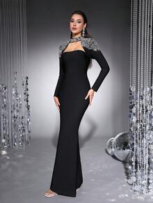 Elegant Women's Black Luxury Crystal Long Formal Evening Gown, High Neck Long Sleeve Mermaid Tie Waist Dress, Perfect For Formal Dinners, Weddings, Cocktail Parties, Red Carpets, Celebrity Events Party Spring - Black - View 3