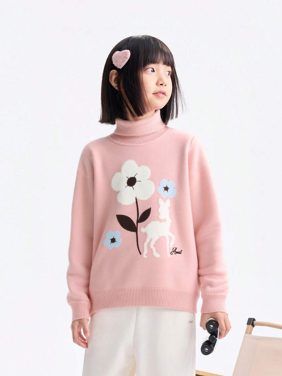 Annil Girls' High Collar Turtleneck Sweater, Thick And Warm Knitted Pullover With Elastic For Winter, Sweet And Cute Style. - Ice Cloud Powder - View 1