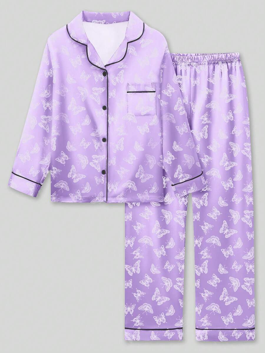 2pcs Tween Girl Purple Butterfly Print Long Sleeve Pajama Set