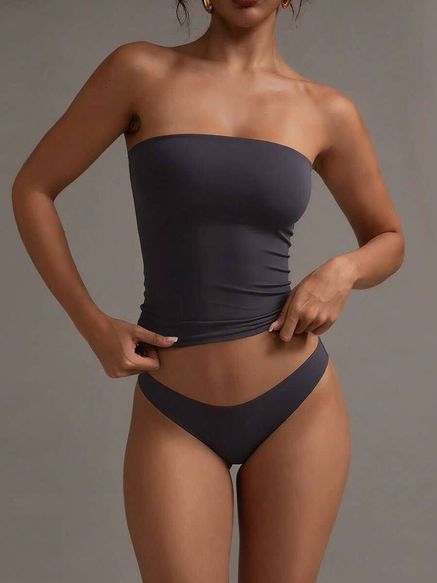 XLLAIS Áo tank top crop không dây gợi cảm, áo bra yoga ôm sát màu trơn thời trang, kiểu dáng casual mùa hè. - Màu xám đen - Xem 1