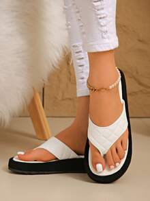 New Thick Sole Classic Rhombus Plaid Flip Flops, Round Toe, Lightweight, Plus Size, Patchwork, Stitching, Casual, Comfortable, Indoor/Outdoor, Open Toe, Thong Sandals, Beach Slippers, All Season