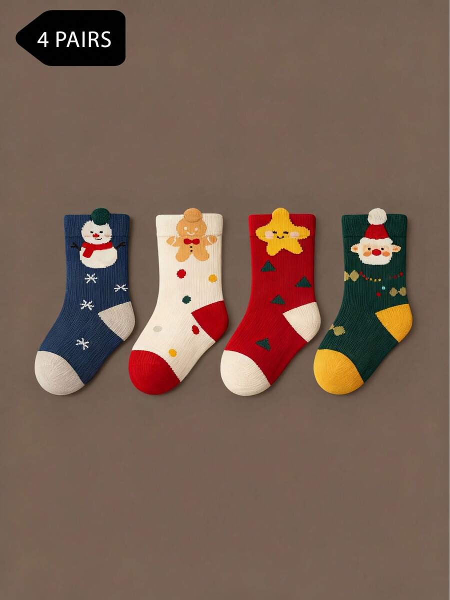 4 Pairs Of Children's Christmas Socks For Autumn And Winter, Cartoonish, Comfortable And Casual, Suitable For Christmas Gifts - Multicolor - View 1