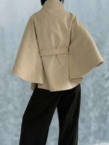 OUTTA BOX 收腰无袖立领宽松羊毛混纺米色休闲优雅女士斗篷外套，适合日常穿着、聚会、派对、春季、冬季、情人节等场合。 - 米色 - 查看 4