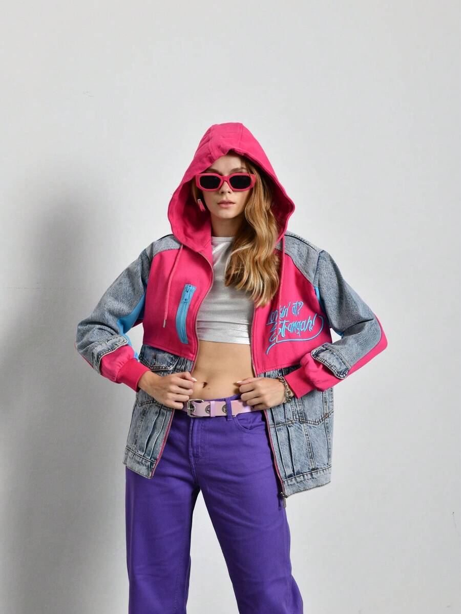 Mixed Fabric Hooded Embroidered Jacket-MADE IN TURKEY - Hot Pink - View 1