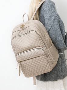 Ransel Wanita Bahan Nylon Warna Polos Berbahan Quilted, Kapasitas Besar, Serbaguna, Ransel Minimalis Kasual untuk Pelajar, Tas Perjalanan, Tas Komuter - Krem - View 7