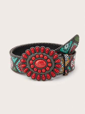 1pc Women's Red Floral Buckle Belt, Printed Retro American Style Accessory, Bohemian Fashion Unique Design Casual Waist Belt Suitable For Jeans And Daily Wear