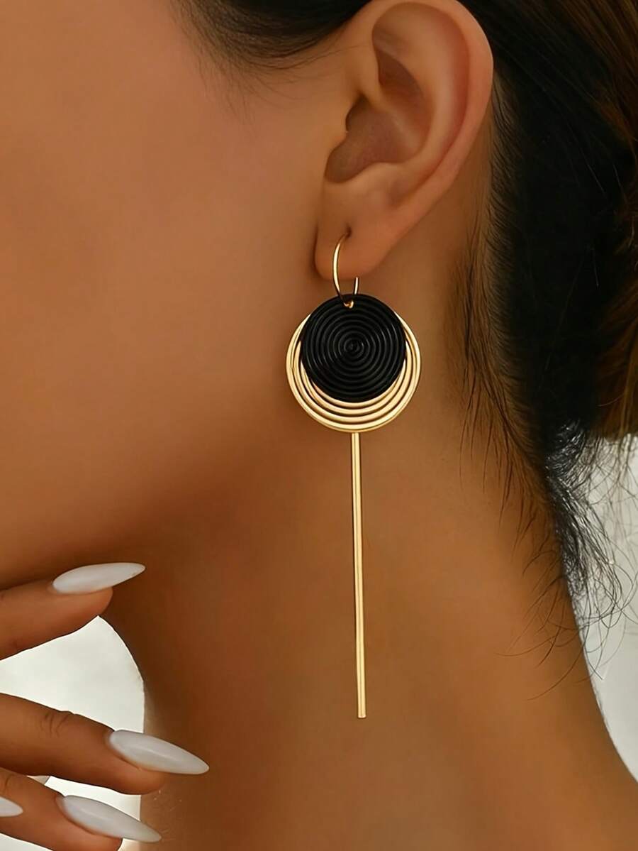 1对新款创意百搭休闲简约圆形黑金螺旋图案长款耳钉 - 金黃色 - 查看 1