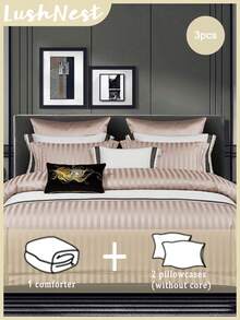 3PCs Beige Striped Vintage Style Comforter Set(1Comforter +2Pillowcases) ,Soft Microfiber Quilt Set,Classic Bedding - Suitable For Various Bed Sizes,Ideal For Gifting