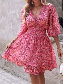ChicMe Women's Ditsy Floral Deep V-Neck Lantern Sleeve Ruched Waist Ruffle Hem Mini Casual Vacation Dress - Pink - View 4