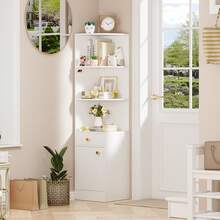 Dreistufiges Eckregal, Bücherregal aus Holz mit einer Schublade und einem Schrank, geeignet für Wohnzimmer, Schlafzimmer und Büros - Weiss - Übersicht 1