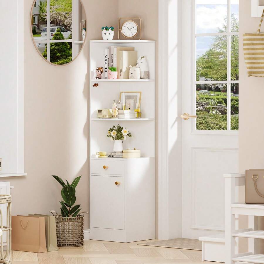Dreistufiges Eckregal, Bücherregal aus Holz mit einer Schublade und einem Schrank, geeignet für Wohnzimmer, Schlafzimmer und Büros - Weiss - Übersicht 1