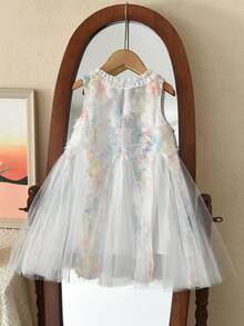 Girls' Colorful Polka Dot Sleeveless Mesh Patchwork Princess Dress, Casual Outfit For Birthday Party, Summer - Blue - View 2