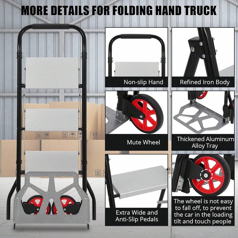 Belect 2 In 1 Hand Truck 2/3-Step Ladder - 220 LBS Load Capacity Aluminum Dolly Cart With Foldable Wheels Portable Step Stool With Wide Non-Slip Pedal Multi-Use Ladder Cart For Household Kitchen - 三層 - 查看 1