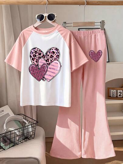 This 2-Piece Set Includes A Cute Pink Leopard Print Heart Graphic Short Sleeve T-Shirt And A Flare Leg Pants, Very Suitable For Girls To Wear In Spring And Summer. This Is A Charming Top And Bottom Outfit Set Full Of Youthful Appeal.