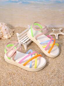 1 Pair Girls' Caramel Brown Faux Suede Three Buckle Open-Toe Sandals, Featuring A Synthetic Suede Upper, Secured With Three Buckles And A Rear Strap, Low-Top Design With Flat Soft Sole. These Versatile Casual Girls' Shoes Are Perfect For Weekend Shopping Or Children's Afternoon Tea Outings - 淺粉色 - 查看 1