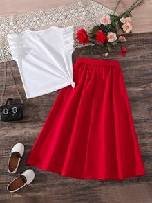 Tween Girl Cartoon Print T-Shirt And Button Front Skirt Set - Red - View 2